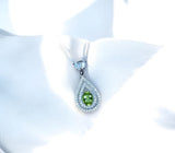 Genuine Peridot Necklace - Double Halo Sterling Silver Tiny Teardrop Natural Peridot Jewelry August Birthstone #369