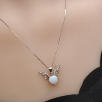White Opal Necklace - Sterling Silver Diamond Deer Horn Antler Pendant 1099
