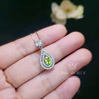 Genuine Peridot Necklace - Double Halo Sterling Silver Tiny Teardrop Natural Peridot Jewelry August Birthstone #369