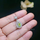 Genuine Peridot Necklace - Double Halo Sterling Silver Tiny Teardrop Natural Peridot Jewelry August Birthstone #369