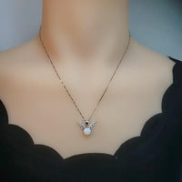 White Opal Necklace - Sterling Silver Diamond Deer Horn Antler Pendant 1099
