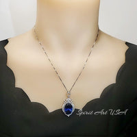 Large Sapphire Sterling Silver Necklace 14 ct Oval Royal Lab Created Blue Sapphire Gemstone Crown Pendant 18k White Gold Plated #919