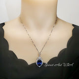 Large Sapphire Sterling Silver Necklace 14 ct Oval Royal Lab Created Blue Sapphire Gemstone Crown Pendant 18k White Gold Plated #919