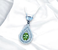 Genuine Peridot Necklace - Double Halo Sterling Silver Tiny Teardrop Natural Peridot Jewelry August Birthstone #369