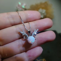 White Opal Necklace - Sterling Silver Diamond Deer Horn Antler Pendant 1099