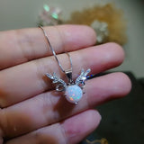 White Opal Necklace - Sterling Silver Diamond Deer Horn Antler Pendant 1099