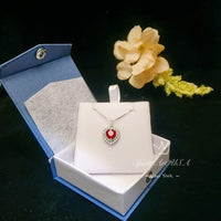 Red Ruby Heart Necklace Double Diamond Halo White Gold Plated Sterling Silver July Birthstone 2 CT Pendant