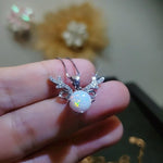White Opal Necklace - Sterling Silver Diamond Deer Horn Antler Pendant 1099