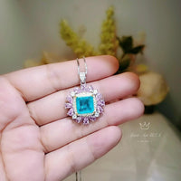 Large Square Paraiba Necklace Pink Topaz Sim Gemstone Pendant White Gold coated Sterling Silver Blue Paraiba Pendant Jewelry #814