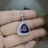 Large Genuine Trillion Amethyst Necklace, Layered 7 CT Triangle Halo Solitaire Purple, Natural Amethyst Pendant #981