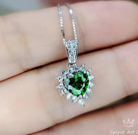Gemstone Heart Green Diopside Necklace, Sterling Silver White Gold Coated Tiny Minimalist Halo Green Diopside Pendant 032
