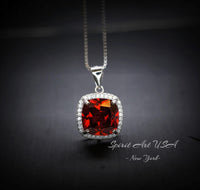 Spessartite Garnet Necklace 5CT Large Square Garnet Pendant - 18kgp Sterling Silver Solitaire Red Orange Garnet Jewelry lab created gem #441