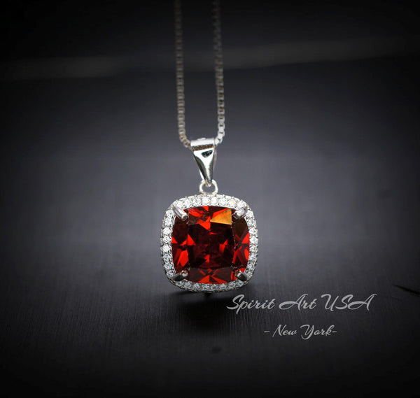 Spessartite Garnet Necklace 5CT Large Square Garnet Pendant - 18kgp Sterling Silver Solitaire Red Orange Garnet Jewelry lab created gem #441