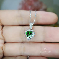 Gemstone Heart Green Diopside Necklace, Sterling Silver White Gold Coated Tiny Minimalist Halo Green Diopside Pendant 032