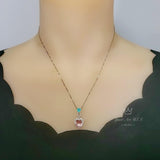 Pink Morganite Necklace Double Heart Sterling Silver Blue Paraiba Couple Two Connect Heart Pendant - 18KGP with Lab Created Morganite #736