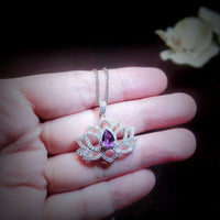 Lotus Style Genuine Amethyst Necklace Gemstone Water lily Pendant 18KGP @ Sterling Silver February Birthstone - Amethyst Jewelry #697