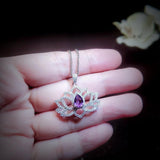 Lotus Style Genuine Amethyst Necklace Gemstone Water lily Pendant 18KGP @ Sterling Silver February Birthstone - Amethyst Jewelry #697