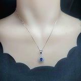 Tanzanite Necklace - December Birthstone - 18kgp @ Sterling Silver - Double Halo Lab Created Tanzanite Pendant Jewelry #435