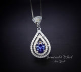 Tanzanite Necklace - December Birthstone - 18kgp @ Sterling Silver - Double Halo Lab Created Tanzanite Pendant Jewelry #435