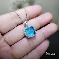 Large 10mm Paraiba Necklace - Sterling Silver cushion Square 6 CT Blue Paraiba Tourmaline Pendant #477