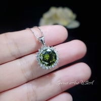 Large Round Peridot Necklace - Sterling Silver Halo 10 mm 4 CT Princess Diana Style Peridot #143