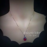 Luxury Teardrop Ruby Necklace - Blue Sapphire Halo Pear Cut 3.75 CT Large Ruby Pendant - 18KGP @ Sterling Silver #589