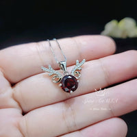 Deer Antler Garnet Necklace - Sterling Silver 8mm Round Cut 2 Ct Garnet Pendant - January Birthstone #341