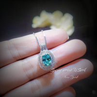 Green Paraiba Necklace - Double Halo - Paraiba Tourmaline Pendant - 18kgp @ Sterling Silver White Gold Oval Cut Paraiba Jewelry #516