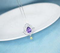 Amethyst Necklace - Gemstone Lotus Flower Pendant - 18kGP @ Sterling Silver -Teardrop Halo Genuine Amethyst Pendant #924