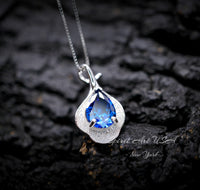 Blue Sapphire Petal Necklace Sterling Silver White Gold Plated - 2.5 CT Teardrop Blue Sapphire Pendant - Gemstone Petal Flower Jewelry #486