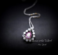 Pink Tourmaline Necklace - Dainty Pink Tourmaline Pendant - Gemstone Rounded Halo Teardrop Halo Pink Tourmaline Jewelry #970