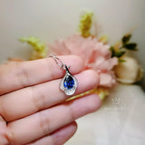 Blue Sapphire Petal Necklace Sterling Silver White Gold Plated - 2.5 CT Teardrop Blue Sapphire Pendant - Gemstone Petal Flower Jewelry #486