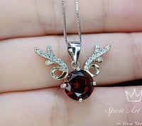 Deer Antler Garnet Necklace - Sterling Silver 8mm Round Cut 2 Ct Garnet Pendant - January Birthstone #341
