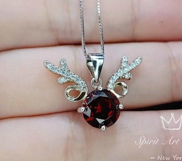 Deer Antler Garnet Necklace - Sterling Silver 8mm Round Cut 2 Ct Garnet Pendant - January Birthstone #341