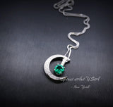 Crescent Moon Emerald Necklace - Sterling Silver One Necklace Two wear - Green Emerald Pendant - White Gold Plated #228
