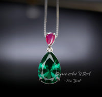 Double Teardrop Emerald Necklace Green Pear Cut Emerald Pendant 18kgp @ Sterling Silver - Large Emerald Jewelry - May Birthstone #729