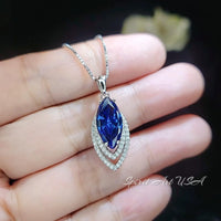 Blue Sapphire Necklace Marquise Cut White Gold Coated Full Sterling Silver Large 3 CT Blue Sapphire Pendant Gemstone Leaf Navette Style #676