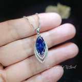 Blue Sapphire Necklace Marquise Cut White Gold Coated Full Sterling Silver Large 3 CT Blue Sapphire Pendant Gemstone Leaf Navette Style #676