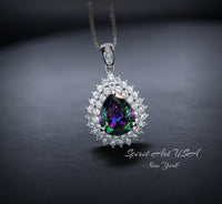 Double Halo Mystic Topaz Necklace - 18KGP Sterling Silver - 3 CT eardrop Rainbow Mystic Topaz Pendant - Gemstone Pear Layered #490