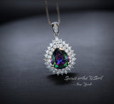 Double Halo Mystic Topaz Necklace - 18KGP Sterling Silver - 3 CT eardrop Rainbow Mystic Topaz Pendant - Gemstone Pear Layered #490