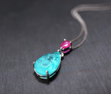 Sterling Silver Teardrop Paraiba Necklace - Dainty Red Ruby 6 CT Synthetic Lab Created Blue Paraiba Tourmaline Necklace #726