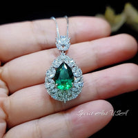 Emerald Necklace - Wheat Style -Teardrop Pear Cut - 18KGP Sterling Silver - 3 CT Green Emerald Pendant - Gemstone Flower May Birthstone #891
