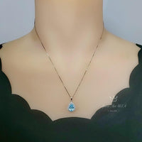 Teardrop Aquamarine Necklace, Sterling Silver 2.5 ct Blue Aquamarine Pendant, Gemstone Halo Pear Blue Gemstone Jewelry #133