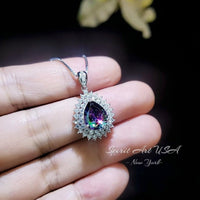 Double Halo Mystic Topaz Necklace - 18KGP Sterling Silver - 3 CT eardrop Rainbow Mystic Topaz Pendant - Gemstone Pear Layered #490