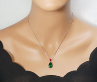 Double Teardrop Emerald Necklace Green Pear Cut Emerald Pendant 18kgp @ Sterling Silver - Large Emerald Jewelry - May Birthstone #729