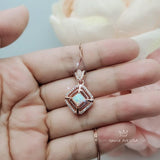 Dainy Square Opal Necklace Diamond Royal Flower Rose Gold Sterling Silver Tiny Fire White Opal Pendant 1022