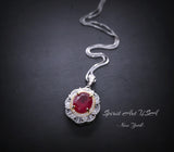 Ruby Flower Necklace - Sterling Silver 3 ct Oval Diamond Red Gemstone Pendant 14k White Gold Plated July Birthstone Gold Surround Style #710