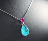 Sterling Silver Teardrop Paraiba Necklace - Dainty Red Ruby 6 CT Synthetic Lab Created Blue Paraiba Tourmaline Necklace #726