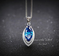 Blue Sapphire Necklace Marquise Cut White Gold Coated Full Sterling Silver Large 3 CT Blue Sapphire Pendant Gemstone Leaf Navette Style #676