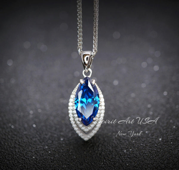Blue Sapphire Necklace Marquise Cut White Gold Coated Full Sterling Silver Large 3 CT Blue Sapphire Pendant Gemstone Leaf Navette Style #676